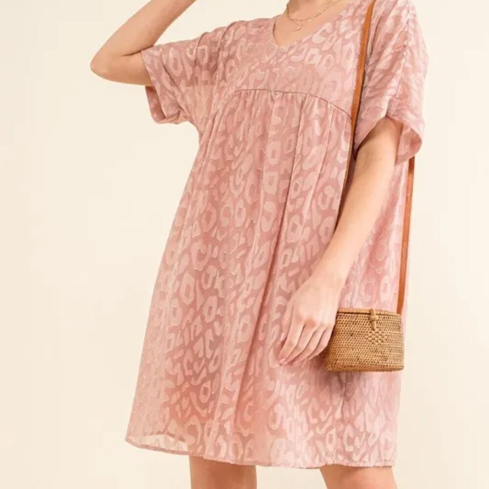 And The‎ Why Woven Leopard Baby Doll Roll-Sleeve Casual Dress
